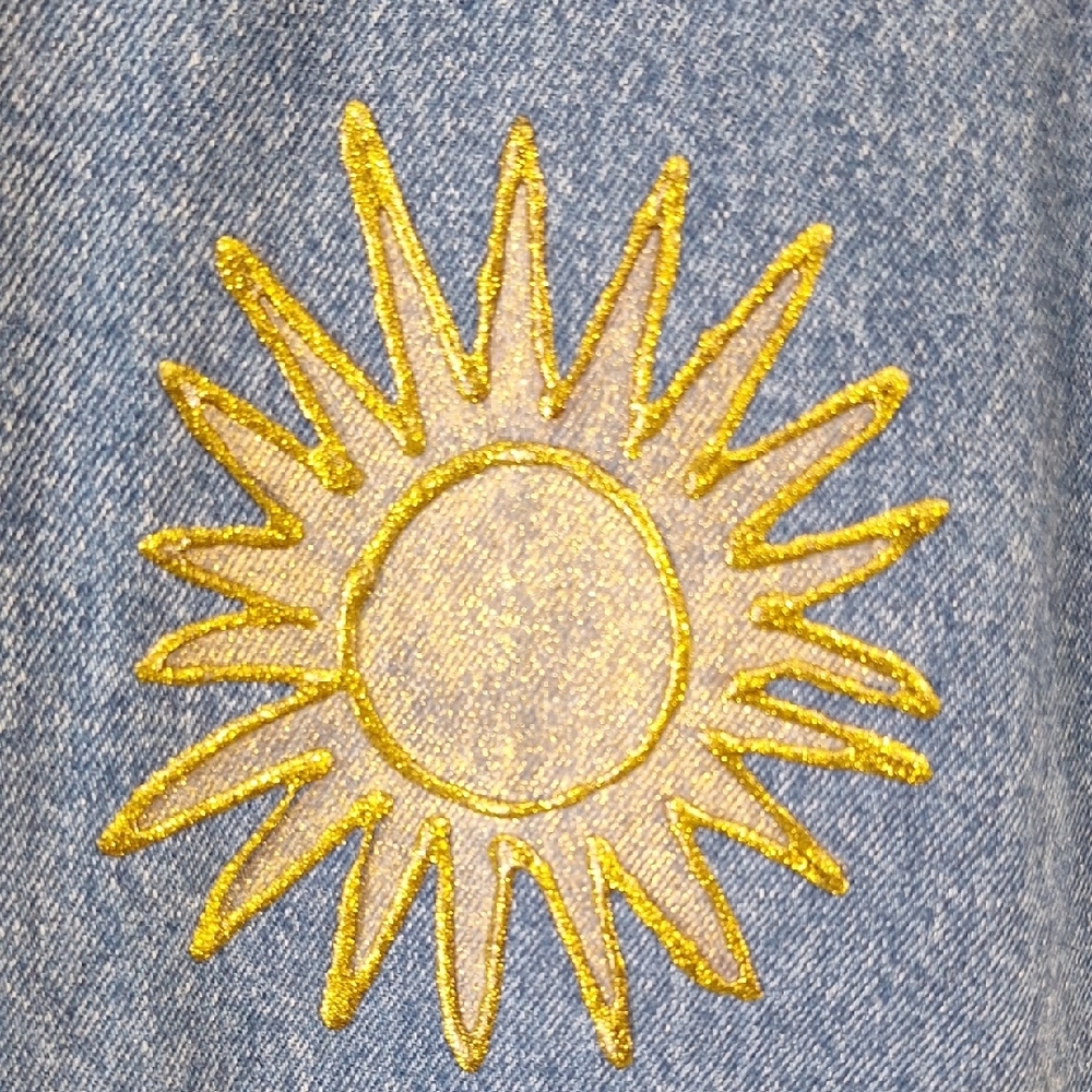 Vintage Sunbelt Denim Jean Jacket -Painted Gold Celestial Design -L- Blue / Gold - Picture 4 of 11